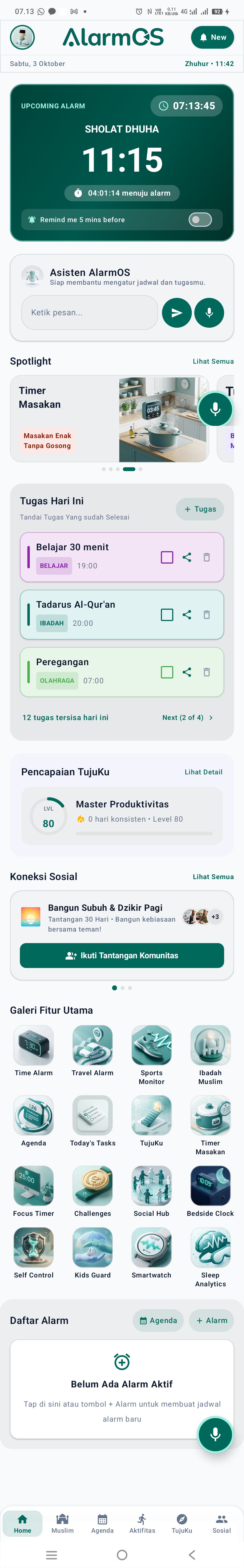 Halaman utama AlarmOS di ponsel Android